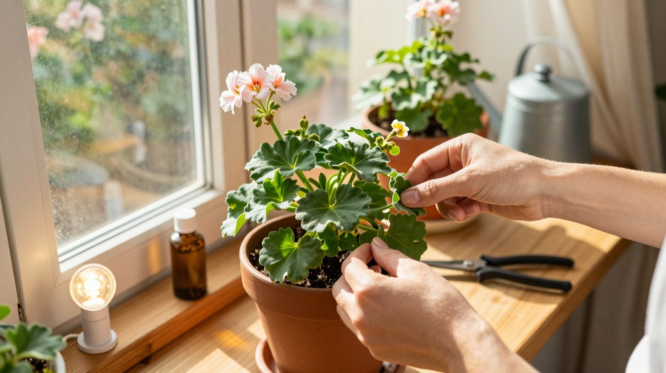 Osoba pielęgnująca kwiat doniczkowy na parapecie, obok nożyce, butelka i konewka.