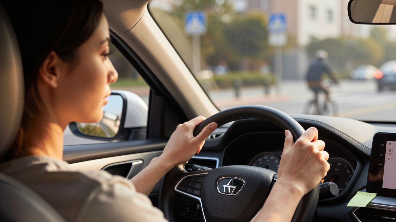 Kobieta prowadzi samochód, patrząc przed siebie; w tle widać rowerzystę na ulicy.