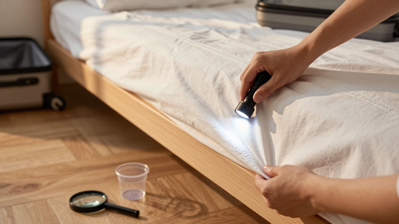 Osoba sprawdzająca materac latarką, obok lupa i plastikowy kubek na drewnianej podłodze.