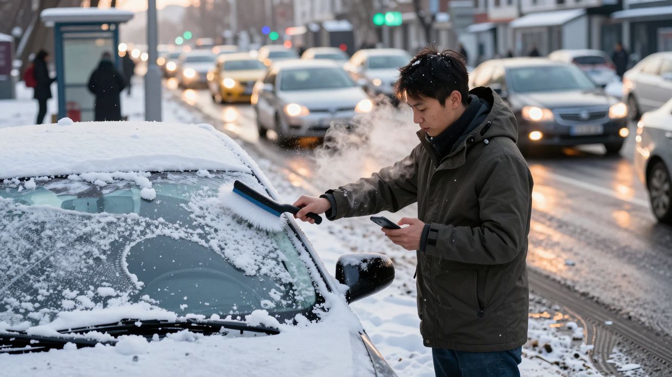 Mężczyzna odśnieża szybę samochodu na zaśnieżonej ulicy zimą, trzymając telefon w drugiej ręce.