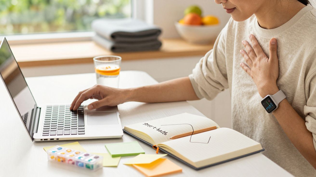 Osoba przy biurku z laptopem, otwartym notesem, kolorowymi karteczkami, zegarkiem na ręku i sokiem w szklance obok.