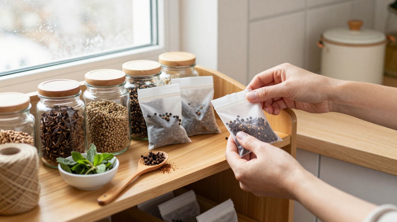 Osoba trzyma woreczek z przyprawami w kuchni, obok słoików z ziołami i przyprawami na drewnianej półce.