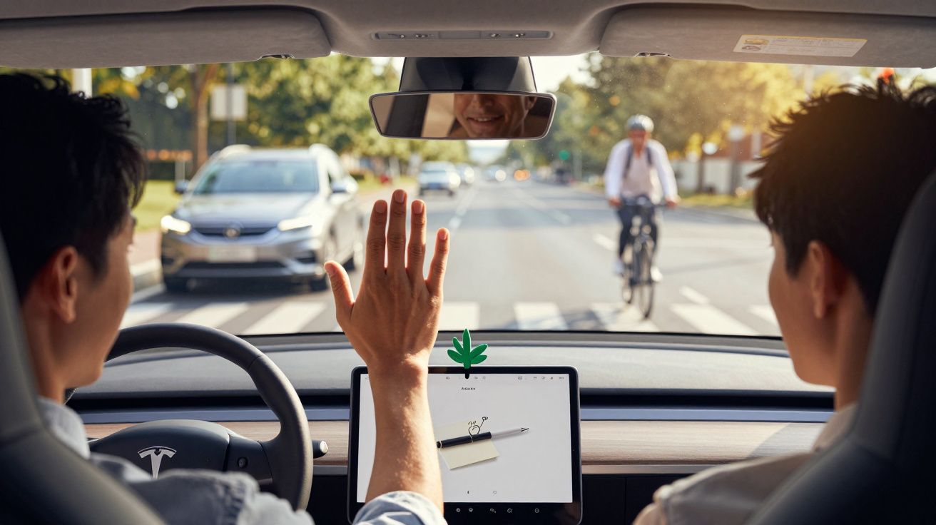 Wnętrze samochodu Tesla, dwóch mężczyzn, jeden macha ręką, na skrzyżowaniu, w tle rowerzysta na przejściu.