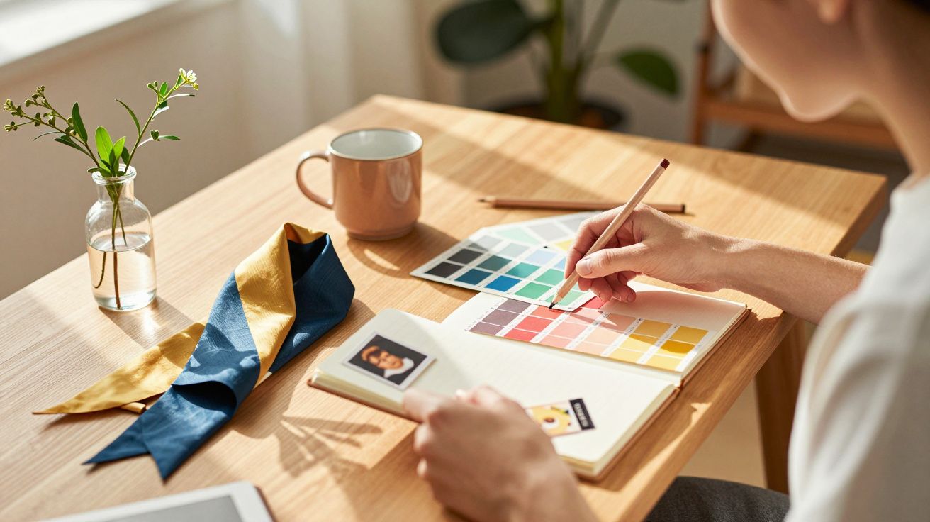 Osoba tworząca paletę kolorów przy drewnianym stole z próbkami, filiżanką i wazonem z rośliną.