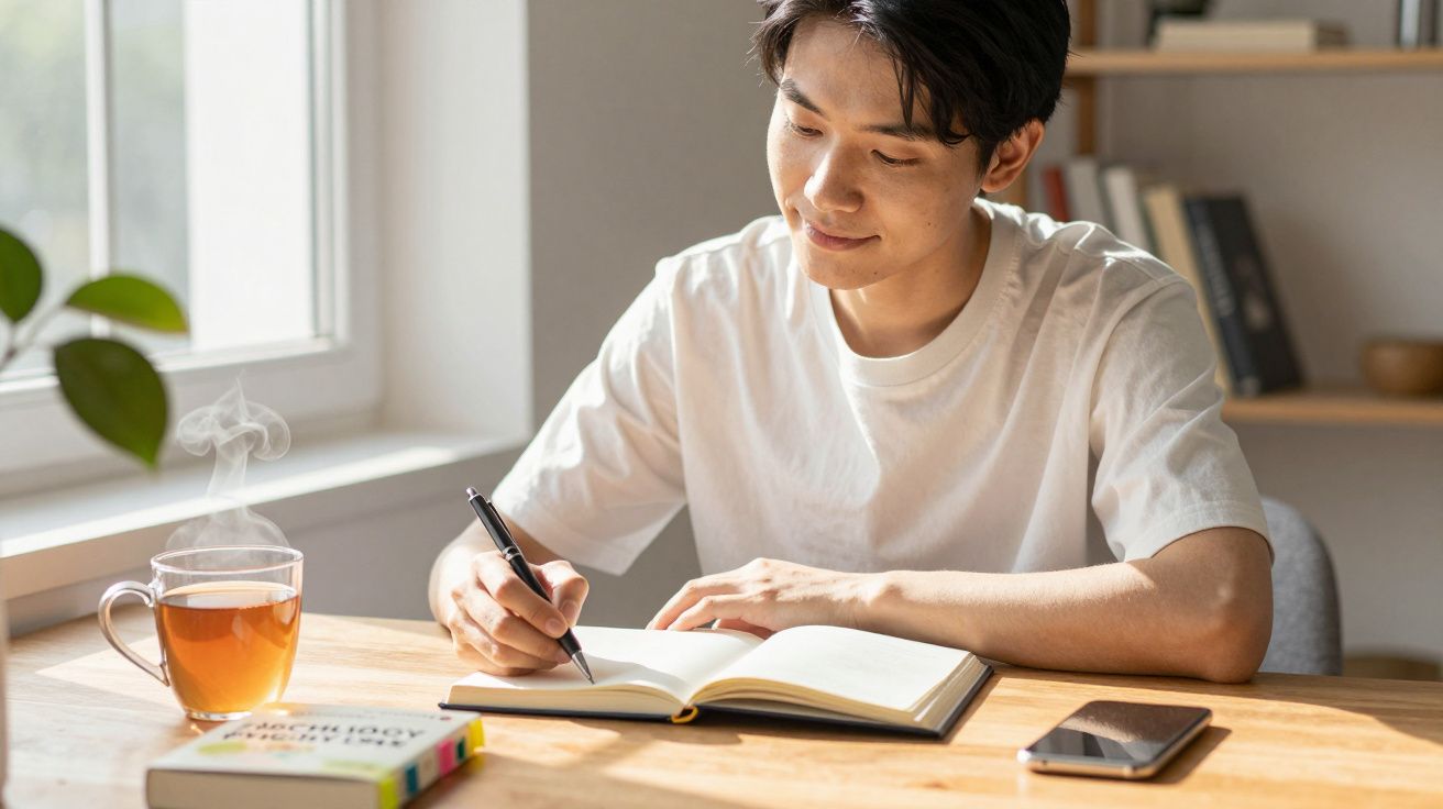 Młody mężczyzna w białej koszulce pisze w notesie przy stole z filiżanką herbaty i smartfonem.