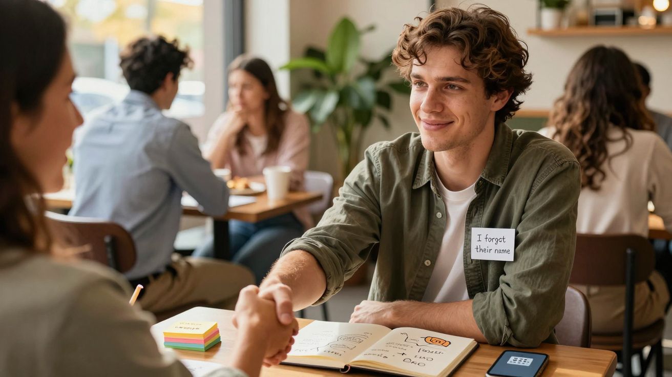 Mężczyzna w koszuli z plakietką wita się przy stoliku z uśmiechem, w tle osoby rozmawiają przy kawie.