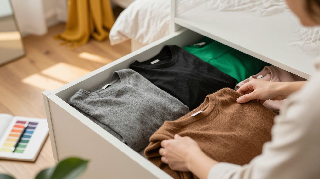 Osoba układająca kolorowe swetry w szufladzie w jasnym pomieszczeniu.