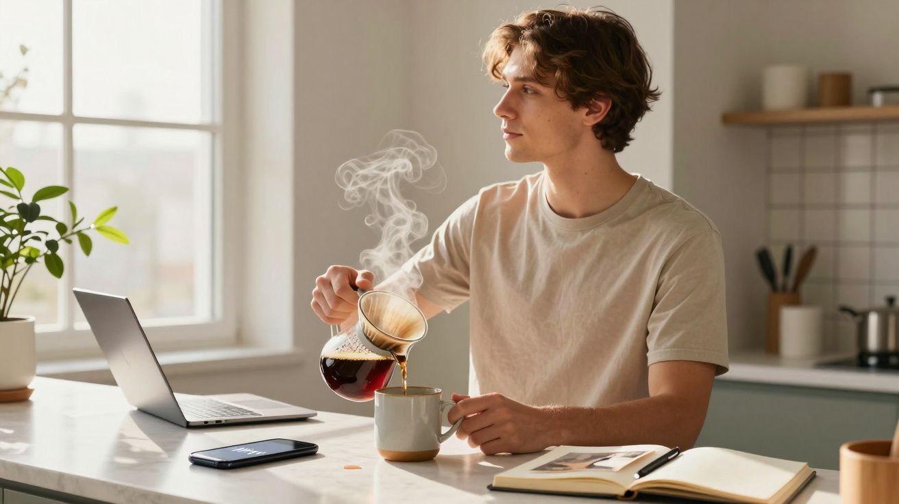 Mężczyzna nalewa gorącą kawę do kubka, siedząc przy stole z laptopem i książką, w jasnej kuchni.