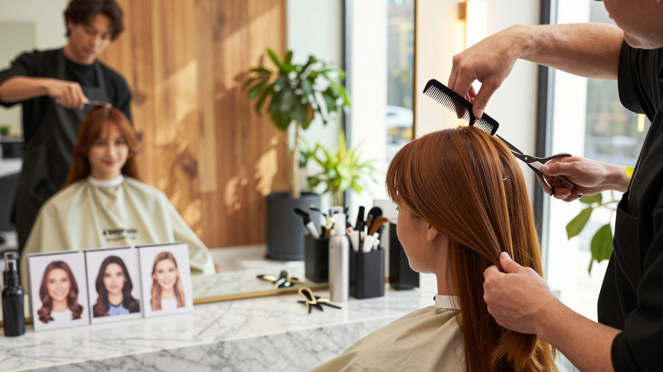 Fryzjer obcina włosy kobiecie siedzącej przed lustrem z inspiracjami fryzur na blacie.