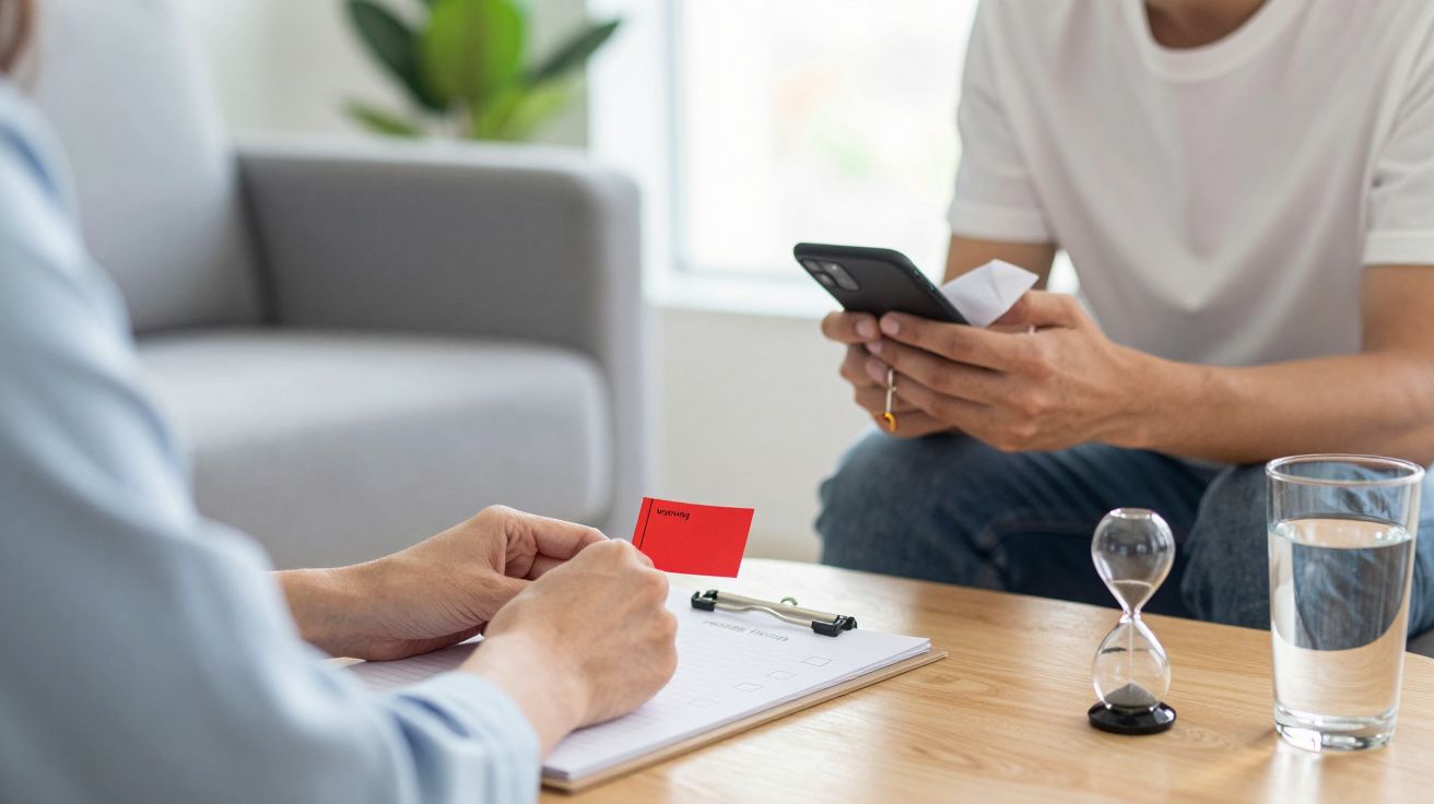 Osoba z telefonem siedzi naprzeciw drugiej osoby w biurze. Na stole klepsydra i szklanka wody.