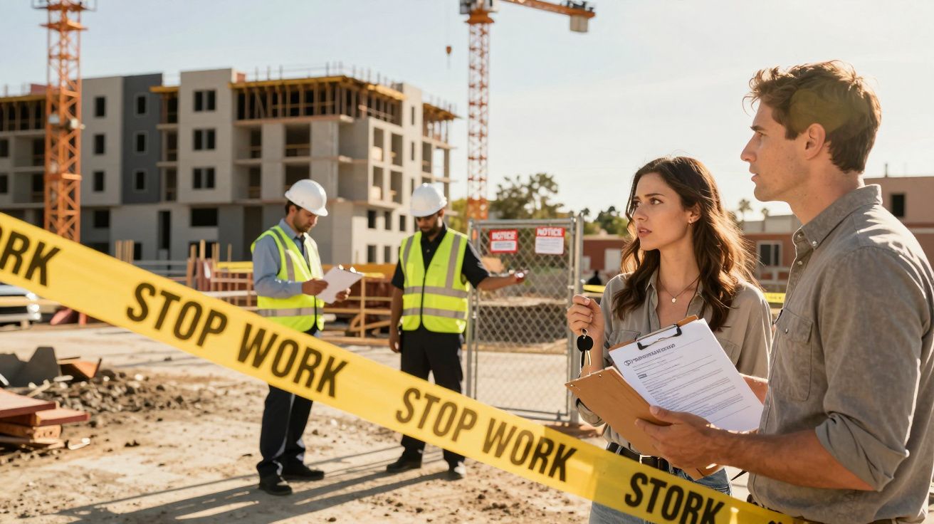 Pracownicy budowlani i inżynierowie rozmawiają na placu budowy, otoczonym taśmą "Stop Work", w tle żurawie i budynek.