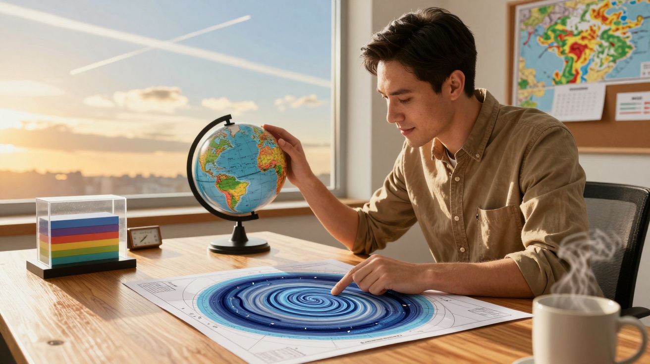 Mężczyzna przy biurku z globusem i planem galaktyki, wskazuje palcem na mapę.