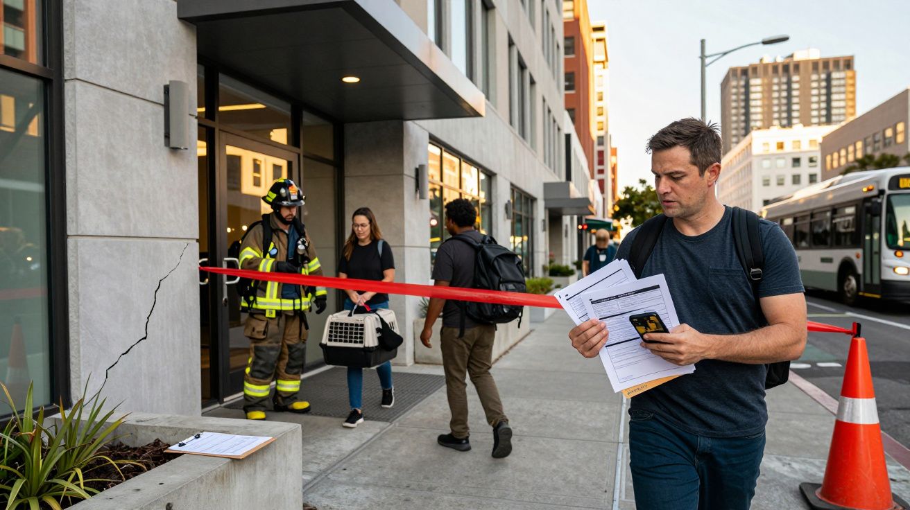 Mężczyzna z dokumentami przed budynkiem z pęknięciem, strażak i pies w transporterze. Ulica oznaczona taśmą.