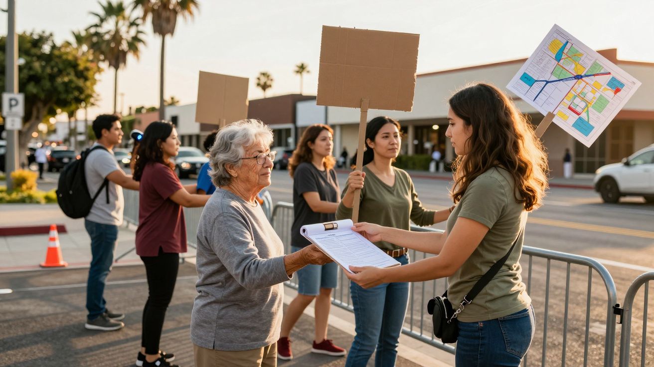 Kobieta z mapą rozmawia z starszą panią na ulicy, inni trzymają tablice protestacyjne w tle.