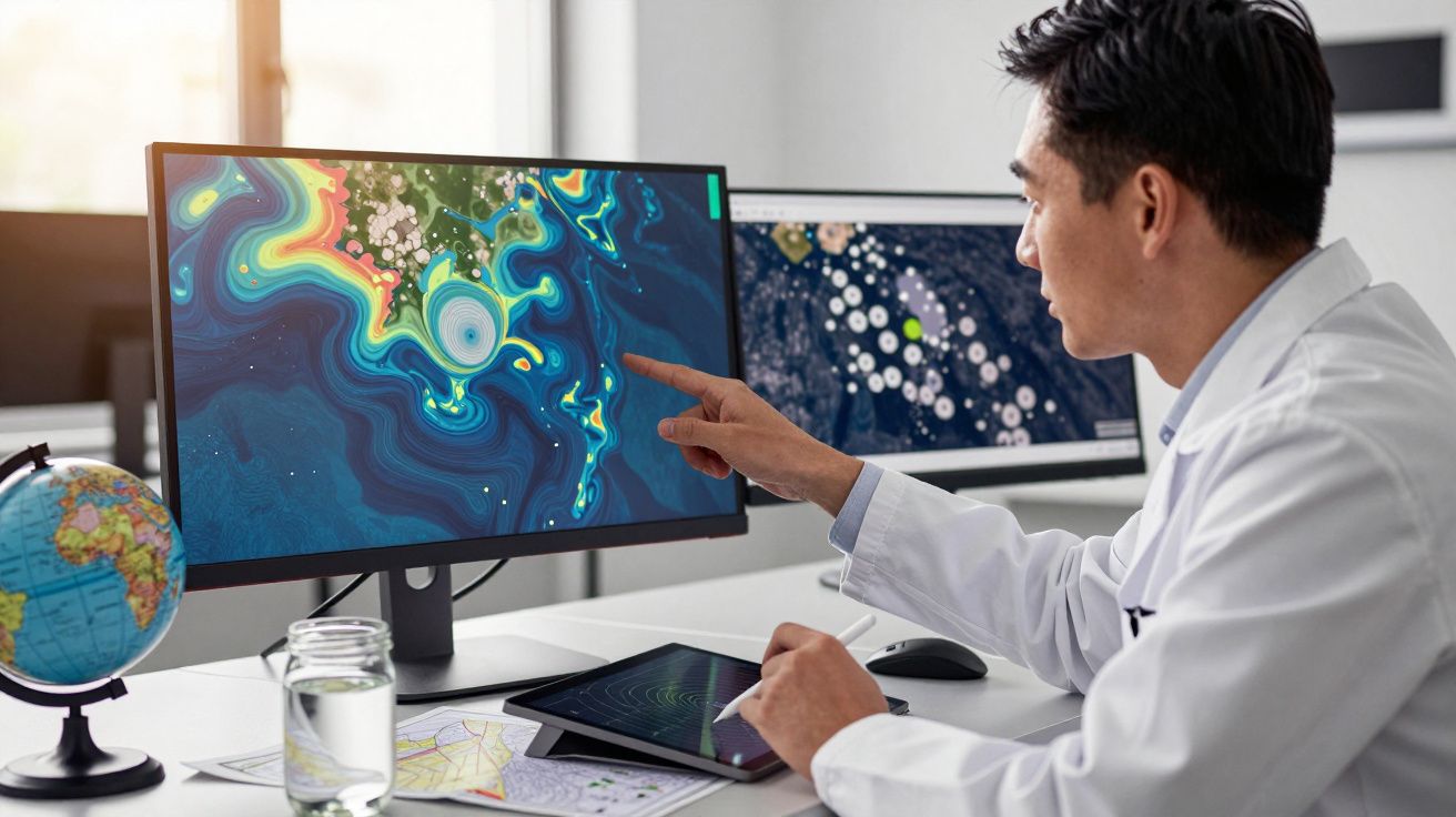 Naukowiec w białym fartuchu analizujący dane na monitorze z kolorowymi wizualizacjami geograficznymi.