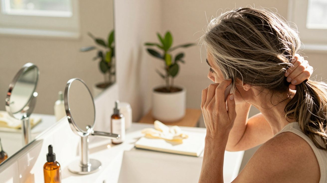 Kobieta z siwymi włosami wkłada aparat słuchowy, stojąc przed lustrem w łazience.