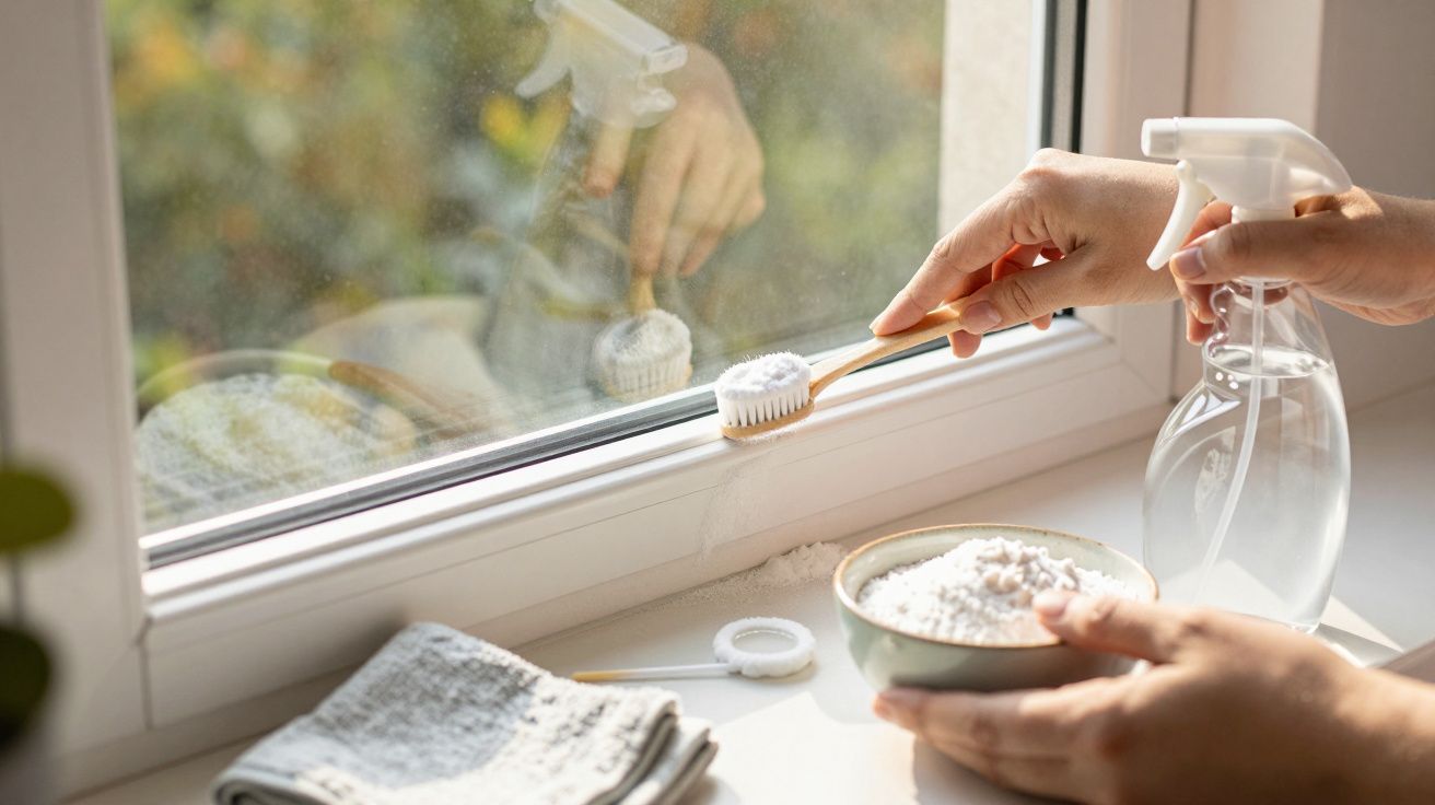 Osoba czyszcząca ramę okna szczoteczką i białym proszkiem, obok znajduje się butelka z rozpylaczem i miska.