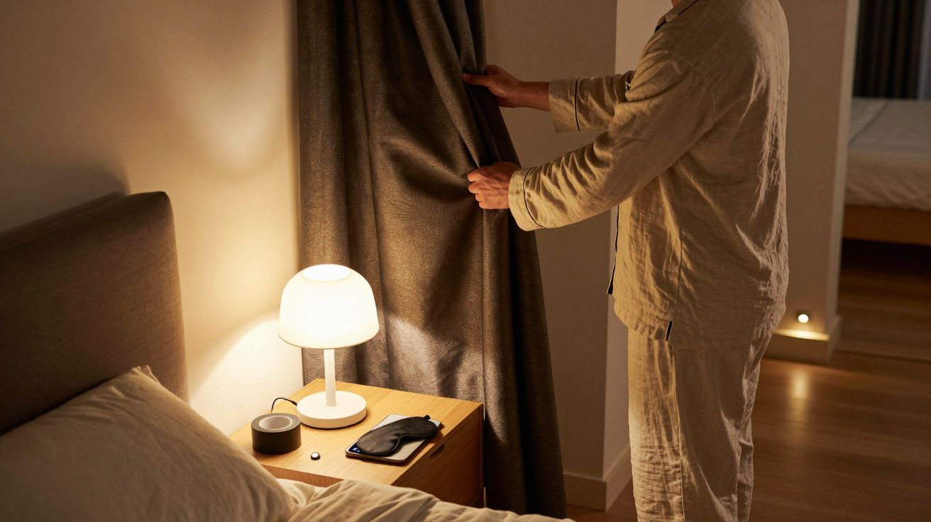 Osoba w piżamie zasłania zasłonę przy łóżku obok lampki nocnej i stolika w sypialni.