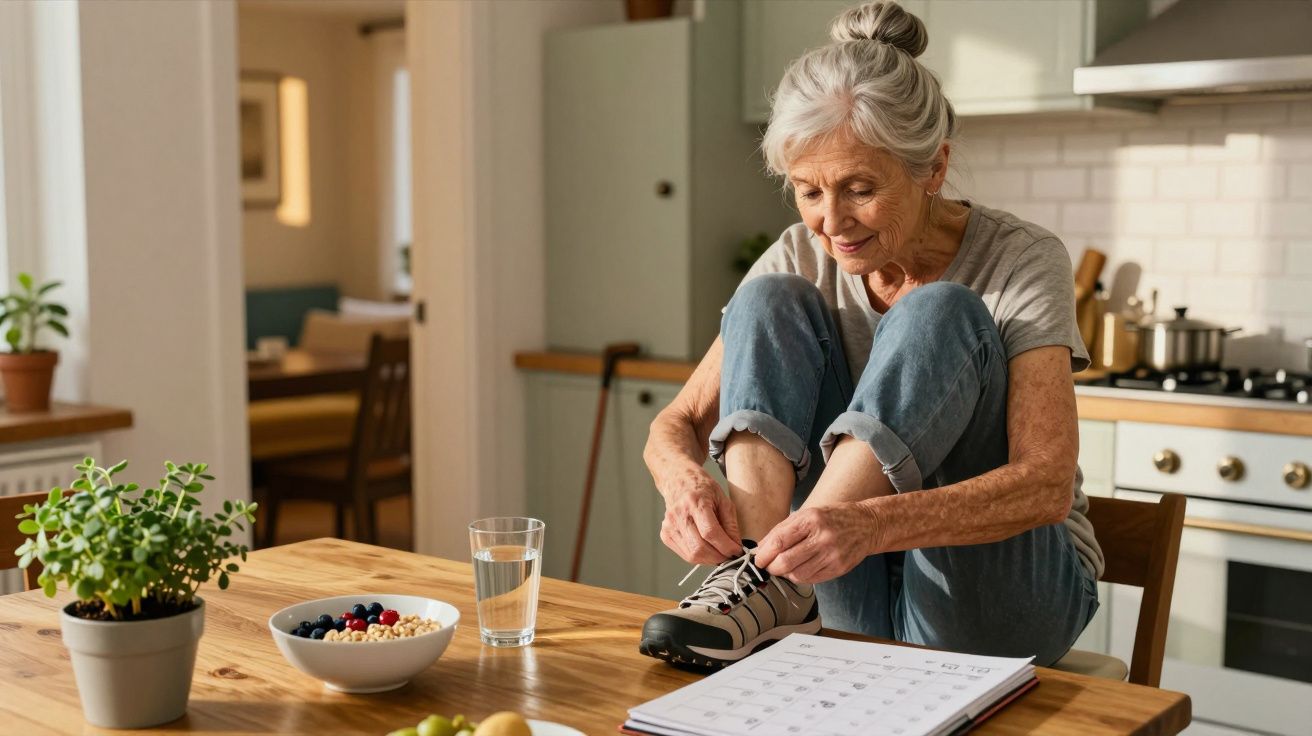 Starsza kobieta w kuchni wiąże buty na stole, obok niej szklanka wody i miseczka z owocami, kalendarz na stole.