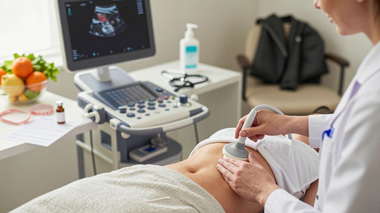 Lekarz wykonuje badanie USG brzucha pacjenta w gabinecie medycznym. Na stole stoi aparat USG.