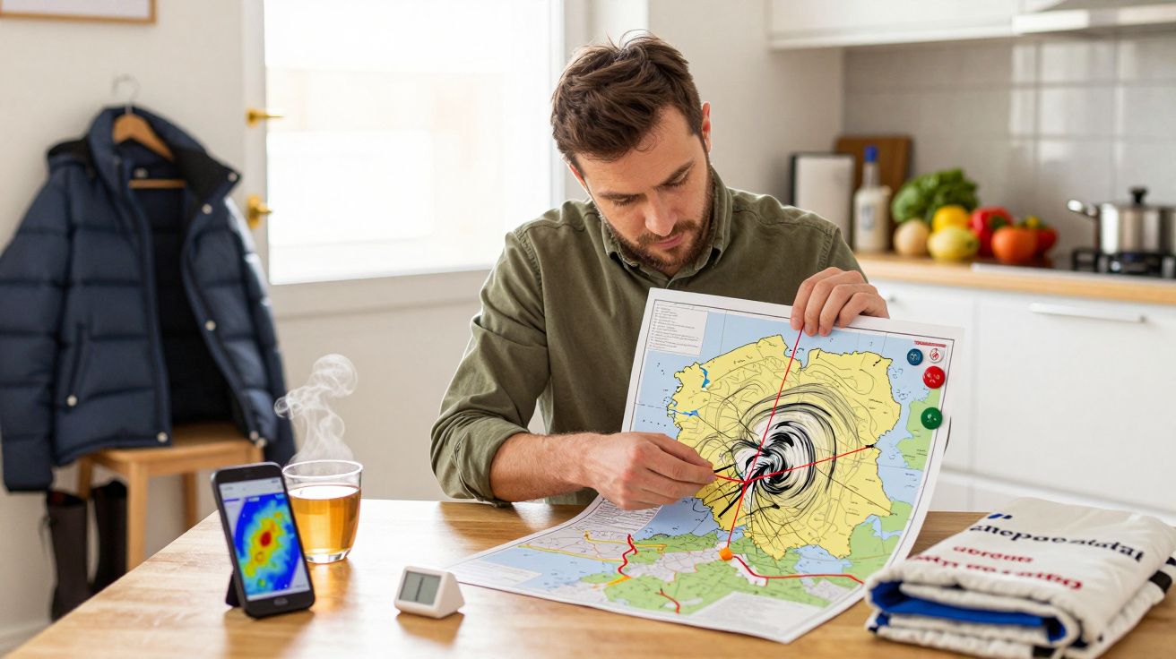 Mężczyzna w kuchni analizuje mapę sejsmiczną. Obok smartfon z wykresem pogodowym i filiżanka herbaty.