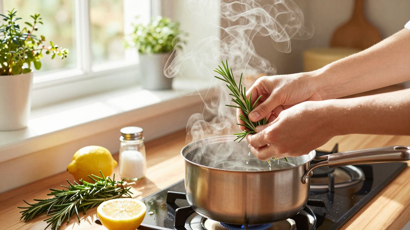 Osoba dodaje gałązkę rozmarynu do gotującej się wody na kuchence, obok leży cytryna i inne zioła.