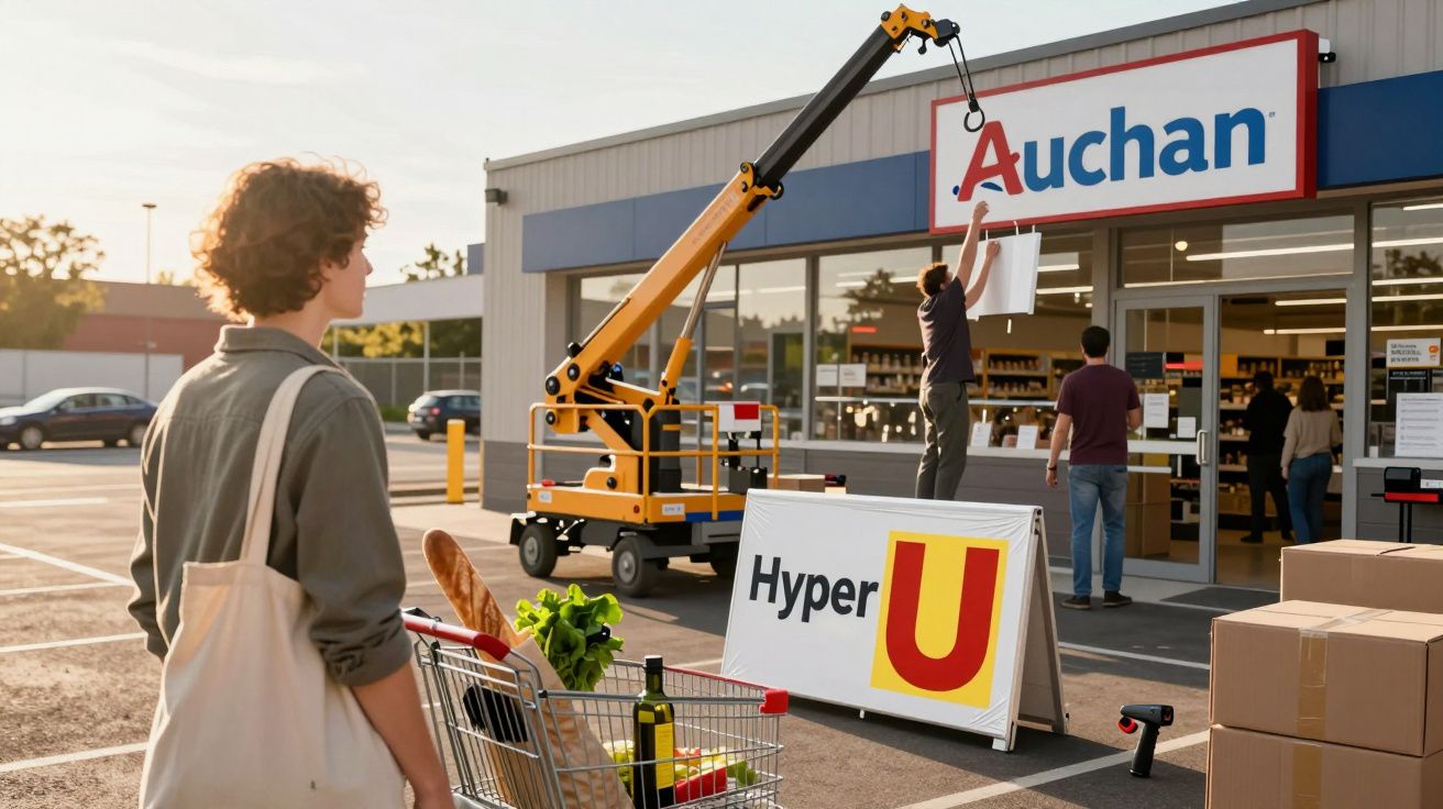 Osoba z wózkiem na zakupy patrzy na montowanie znaku przed sklepem Auchan.