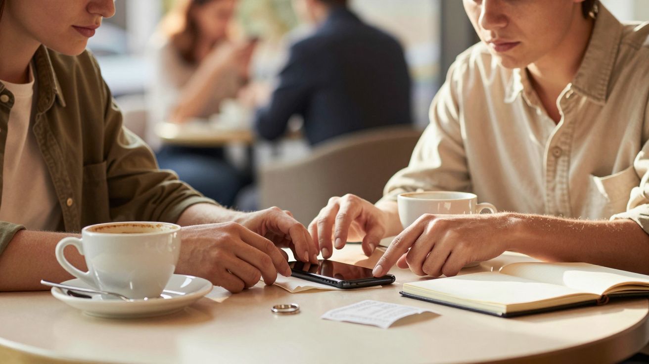 Dwie osoby w kawiarni, skupione na smartfonie leżącym obok filiżanek kawy.