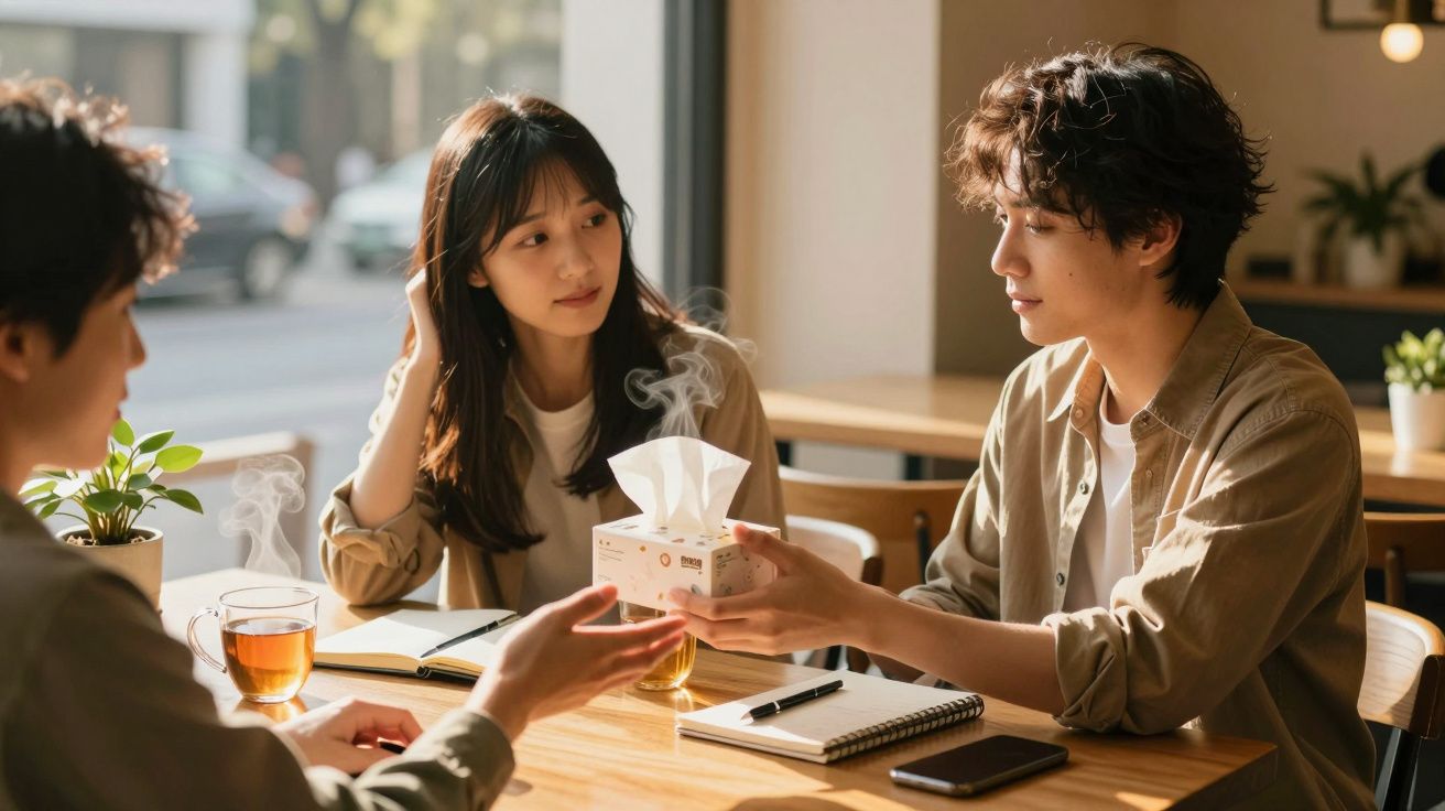 Troje młodych ludzi przy stole w kawiarni, rozmawiają i piją herbatę. Jedna osoba podaje pudełko chusteczek.