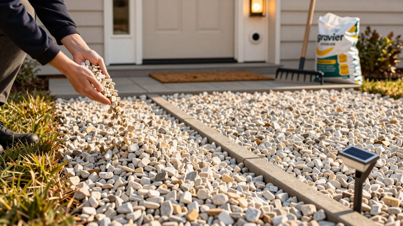 Osoba wysypująca żwir na ścieżkę przed domem, w tle torba z żwirem i grabie.