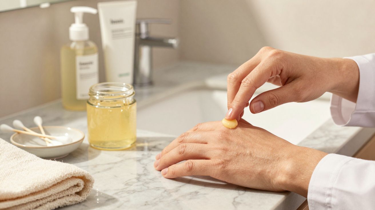 Osoba nakłada krem na rękę w łazience, na blacie widoczne jest mydło i ręcznik.