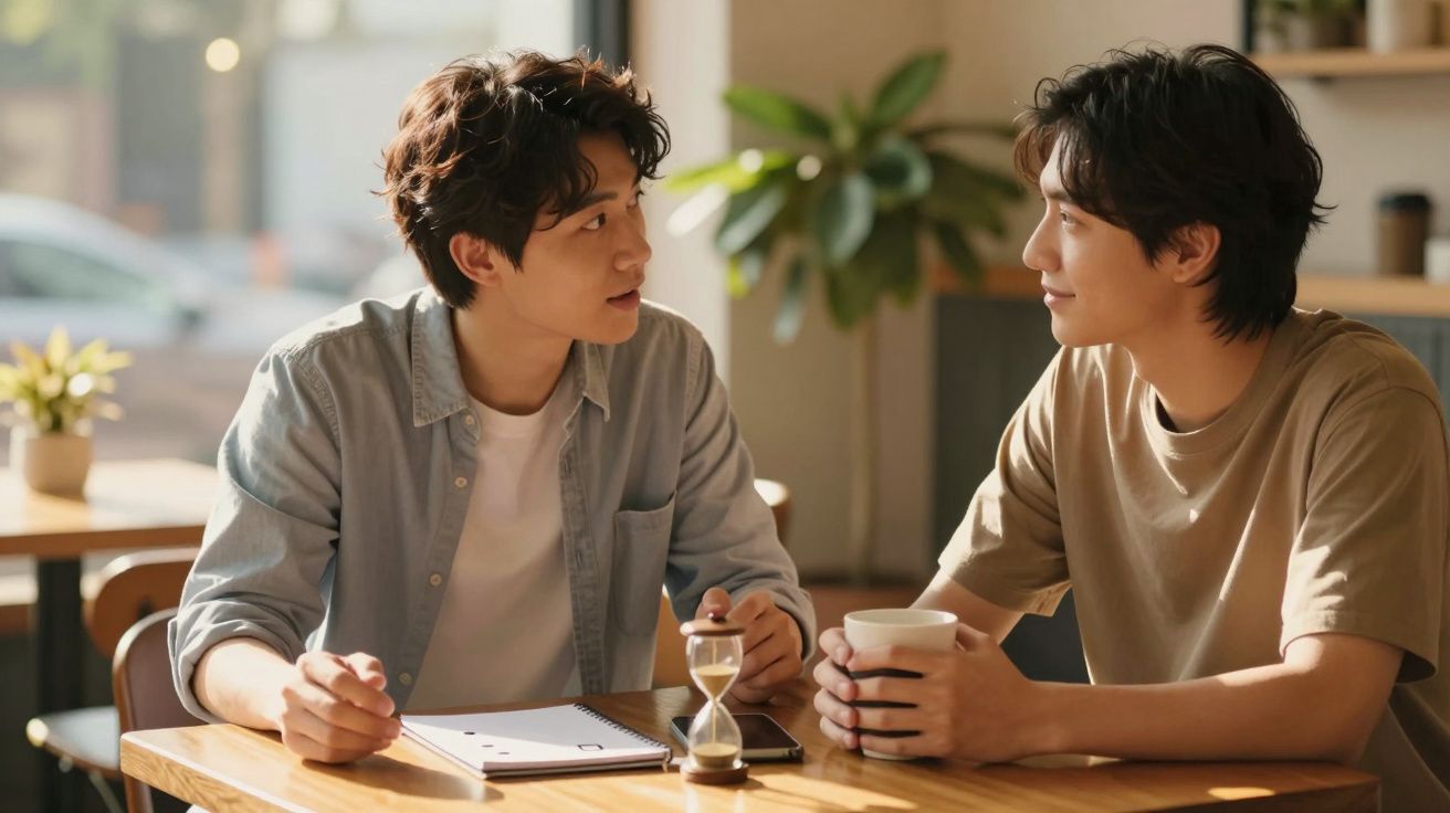 Dwóch mężczyzn rozmawia przy stoliku w kawiarni. Jeden trzyma filiżankę, drugi notatnik. W tle roślina na oknie.