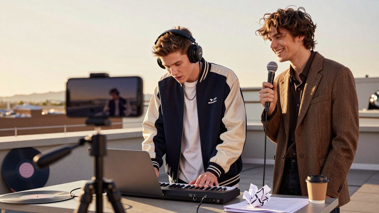 Dwóch młodych mężczyzn na dachu, jeden gra na keyboardzie, drugi śpiewa do mikrofonu.