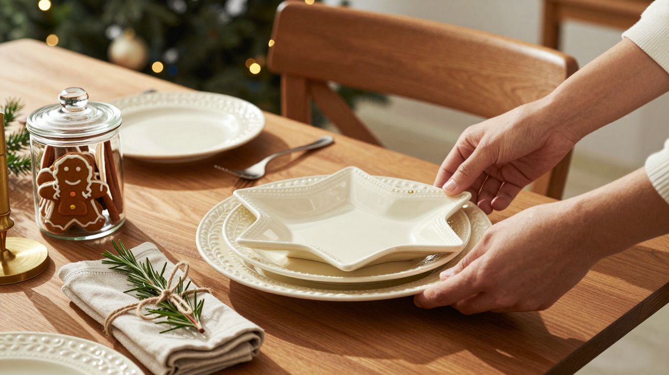 Osoba układa talerze w kształcie gwiazdy na świątecznym stole, obok słoik z pierniczkami i serwetki z gałązką.