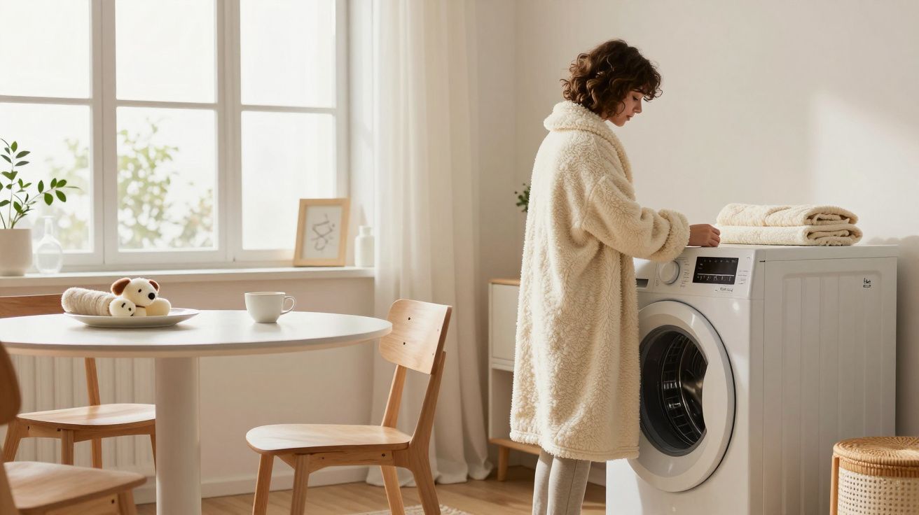 Kobieta w płaszczu przy pralce, w jasnym pokoju z roślinami i białymi meblami.
