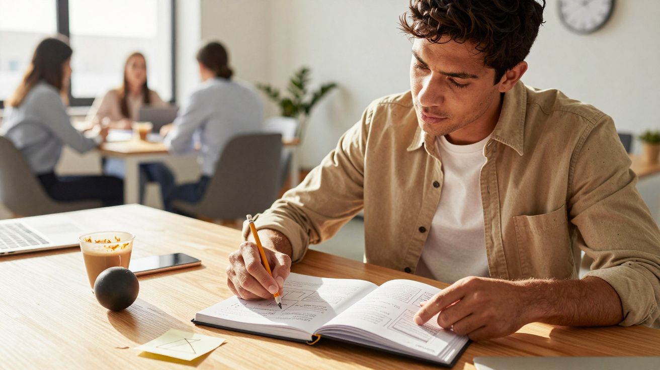 Mężczyzna pisze w zeszycie przy biurku, w tle dwoje ludzi w rozmowie.