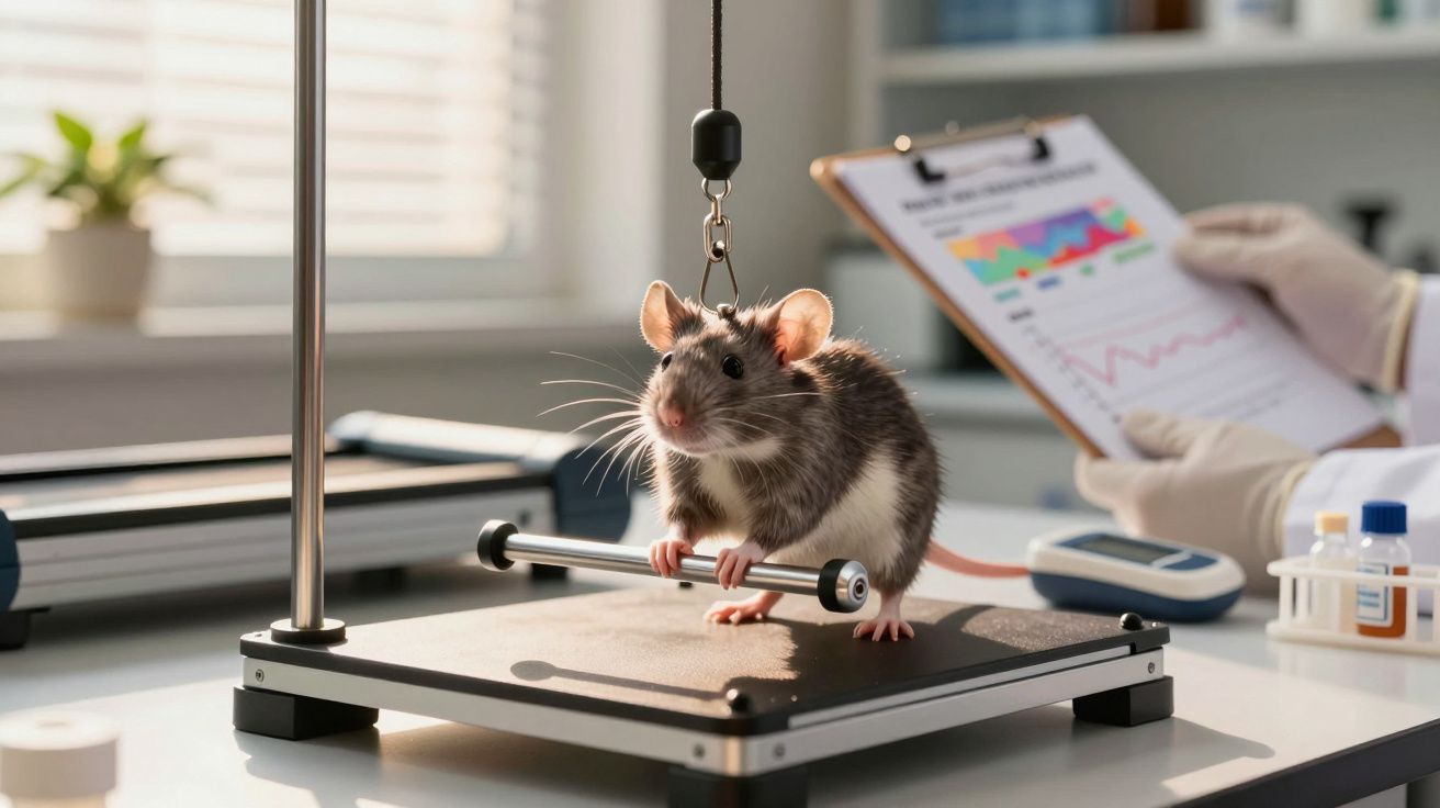 Szczur na bieżni laboratoryjnej, w tle naukowiec z notatnikiem.