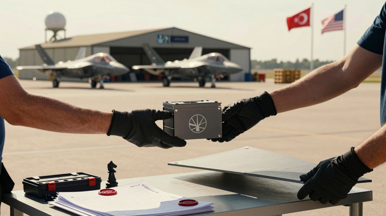 Dwóch ludzi w rękawiczkach przekazuje sobie urządzenie na tle hangaru z dwoma samolotami i flagami.