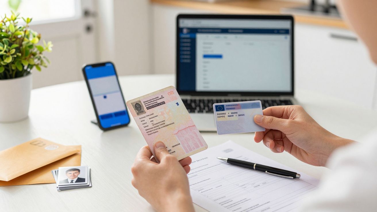 Osoba trzymająca paszport i kartę ID, obok komputer, telefon, dokumenty i długopis na biurku.