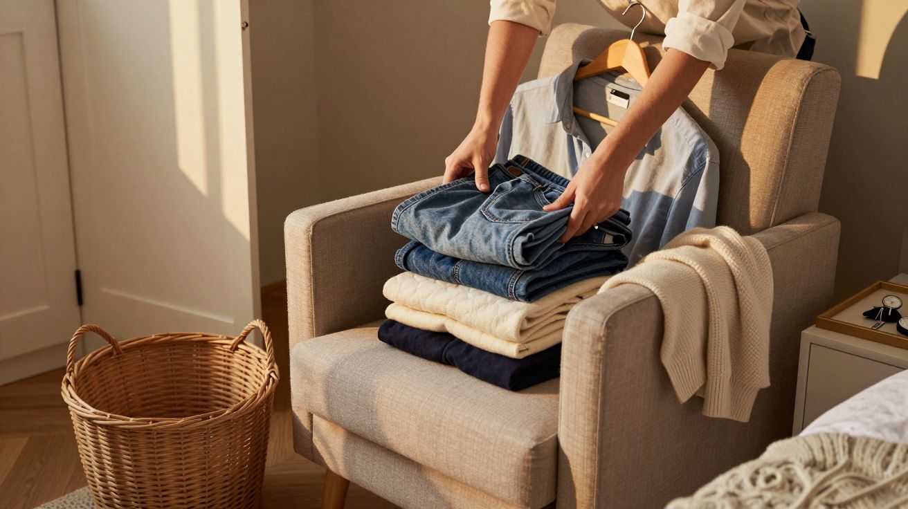 Osoba układa prasowane ubrania na fotelu obok wiklinowego kosza w jasnym pokoju.