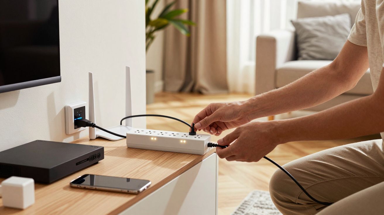 Osoba podłącza zasilacz do listwy zasilającej na drewnianym stole obok telefonu, routera i telewizora.