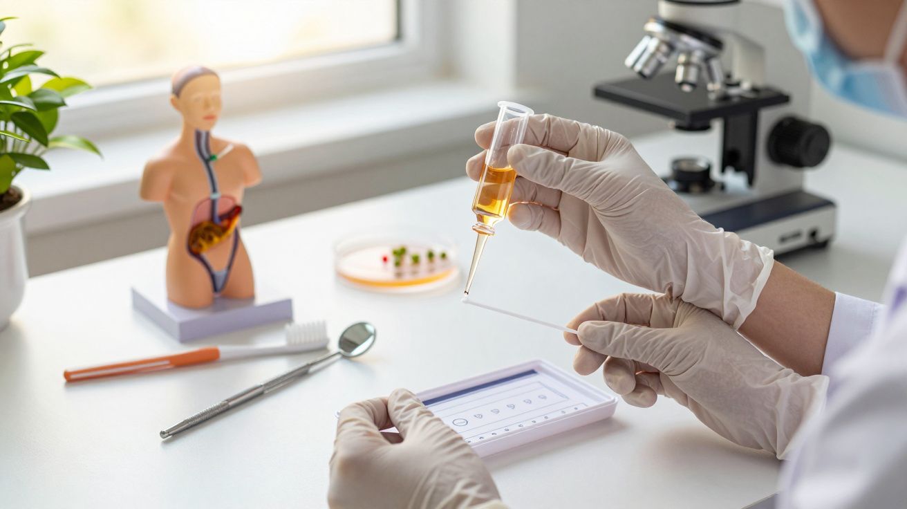 Osoba w rękawiczkach laboratoryjnych pracuje z pipetą i szkiełkiem mikroskopowym, obok stoi mikroskop.