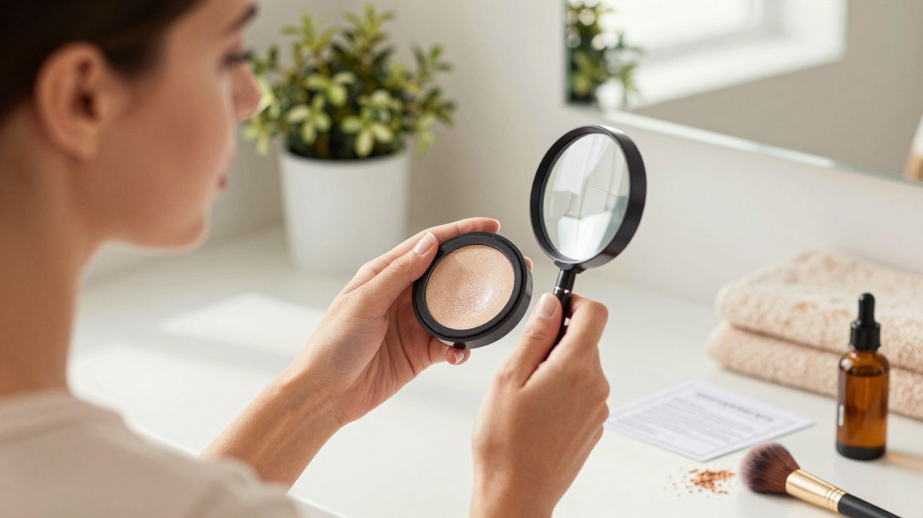 Osoba trzyma lusterko i puder w dłoniach, obok pędzel do makijażu i butelka z olejkiem na blacie.