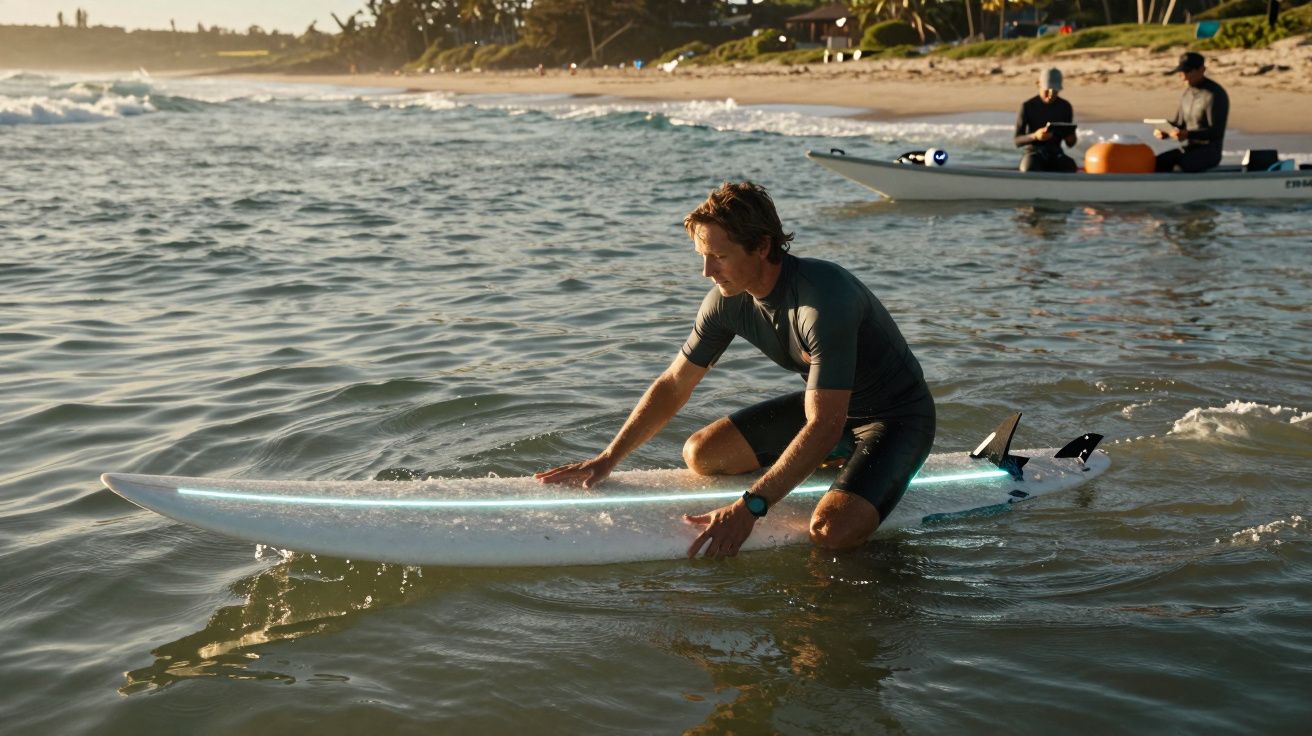 Mężczyzna siedzący na desce surfingowej na morzu, w tle widoczni ludzie w łodzi oraz plaża.