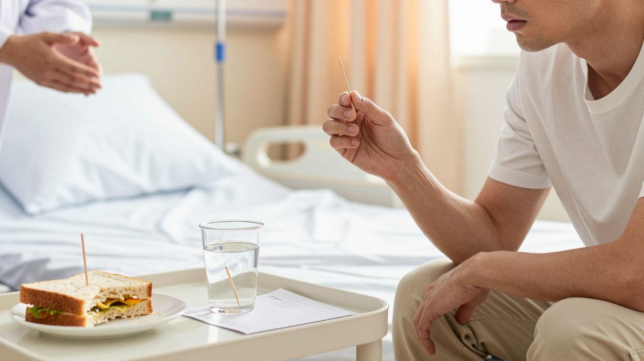 Mężczyzna siedzący przy łóżku szpitalnym trzyma wykałaczkę nad talerzem z kanapką obok szklanki wody.