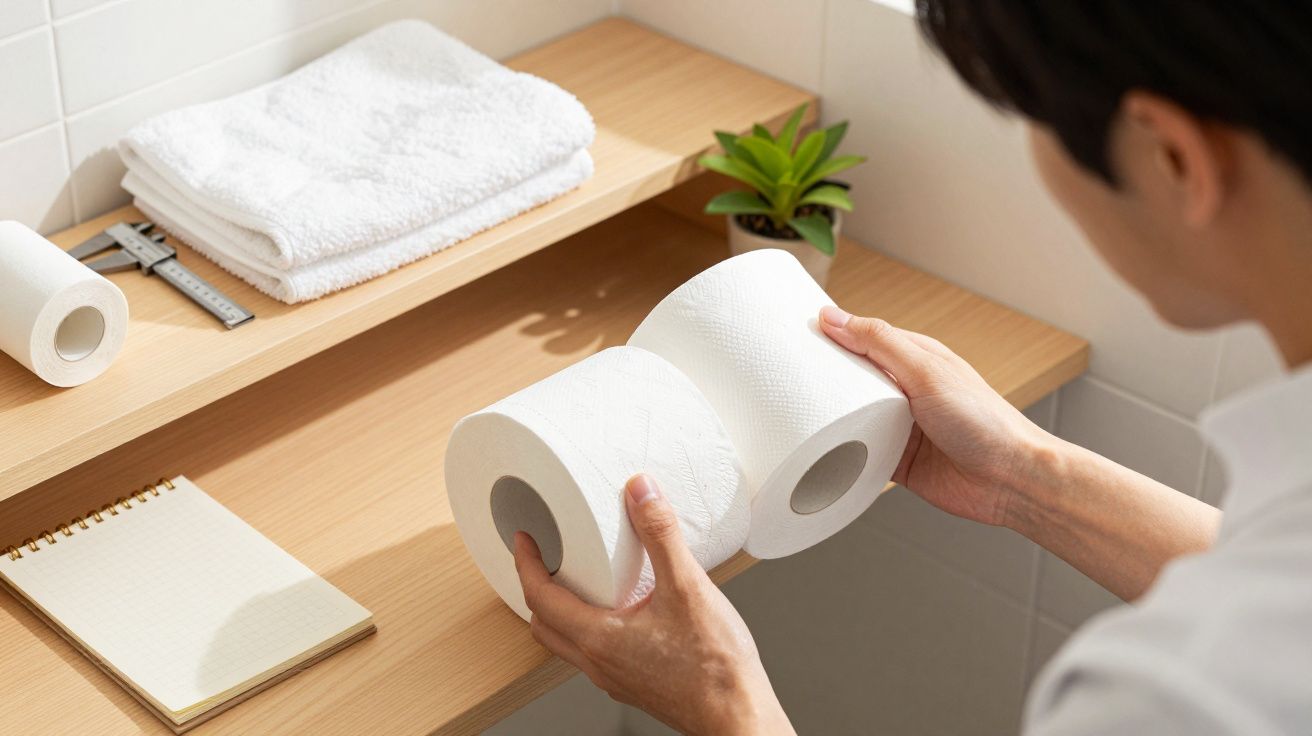 Osoba trzyma dwie rolki papieru toaletowego w łazience. Obok leży notes, ręczniki i roślina na półce.