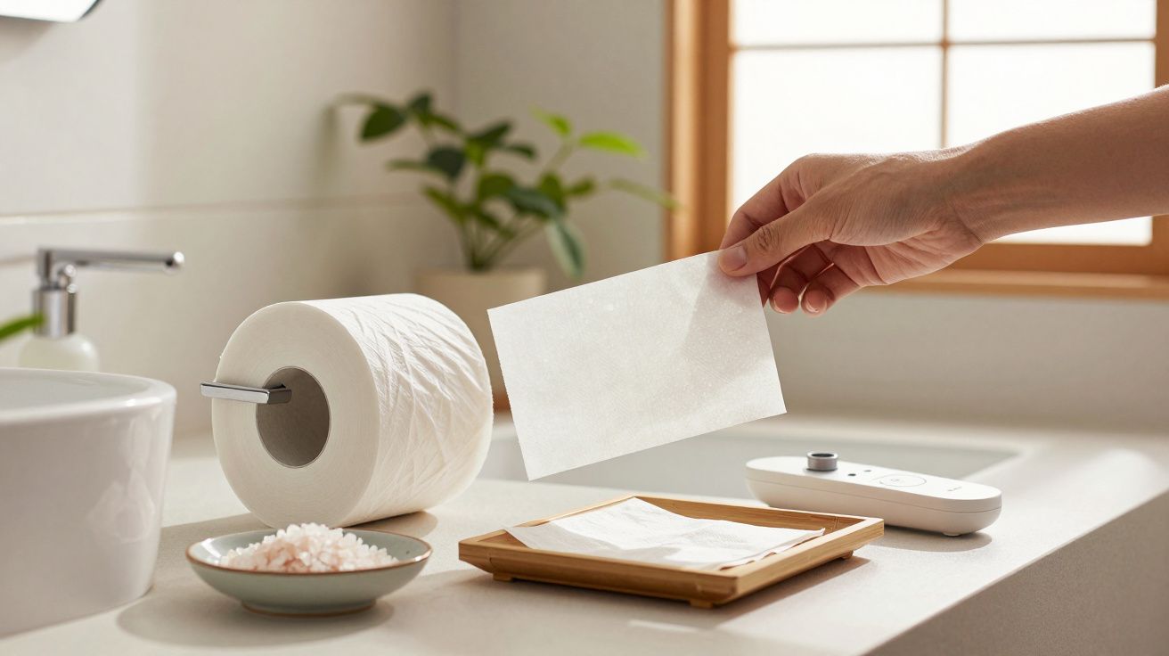 Rolka papieru toaletowego i ręka trzymająca chusteczkę na białym blacie w łazience.