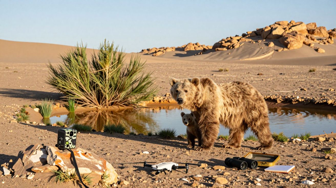Niedźwiedzica z młodym przy wodopoju na pustyni, obok dron i kamera, w tle skały i rośliny pustynne.