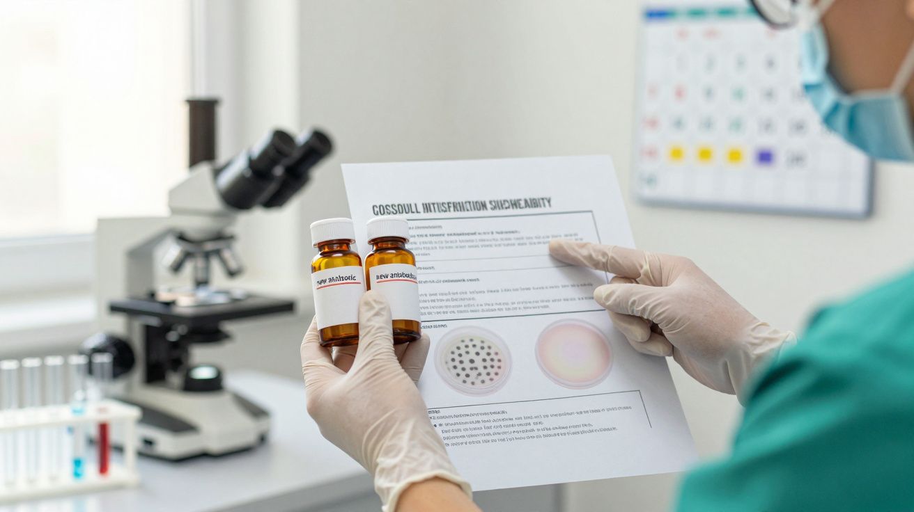 Naukowiec w laboratorium trzyma butelki z odczynnikami i arkusz wyników obok mikroskopu.