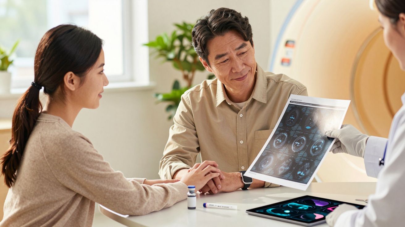 Lekarz pokazuje wyniki badań medycznych dwóm osobom siedzącym przy stole w gabinecie.